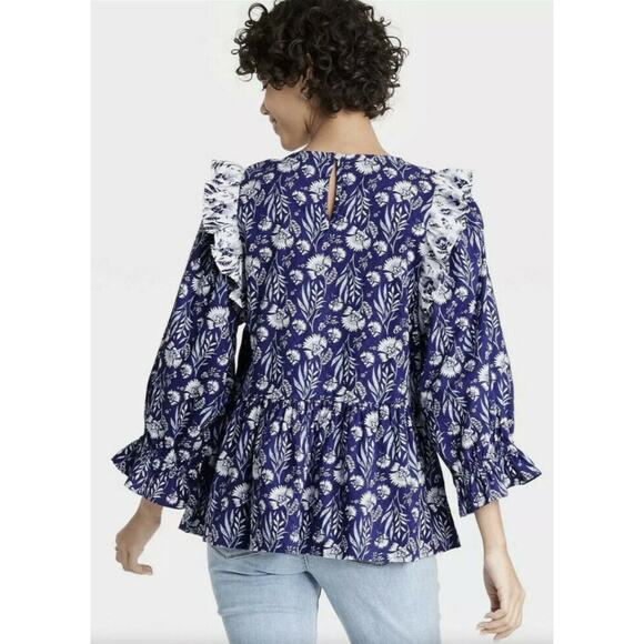 Universal Thread Blue Floral Print Puff 3/4 Sleeve Ruffle Top Blouse Size Small - Picture 2 of 8